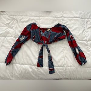 Grass-Fields African Print Long Sleeve Tie Front Crop Top UK Size 8 (US 6)